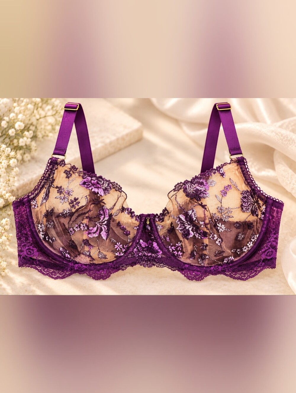 Honey Birdette Purple Floral Embroidered Underwire Bra